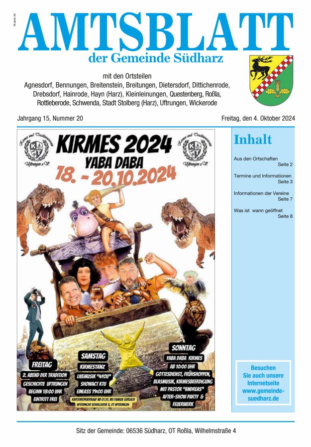 Amtsblatt der Gemeinde Südharz Titelblatt 20/2024