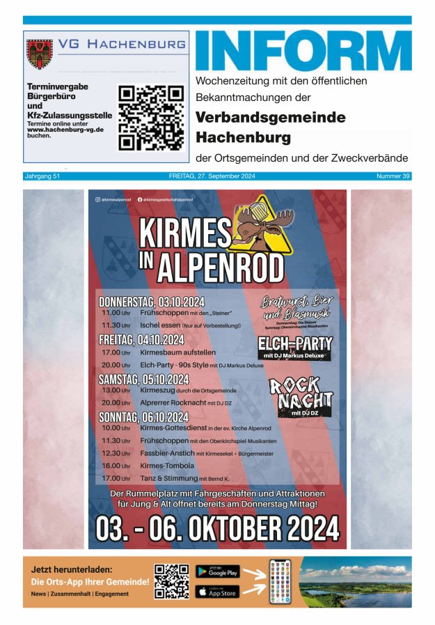 INFORM - Wochenzeitung der Verbandsgemeinde Hachenburg Titelblatt 39/2024