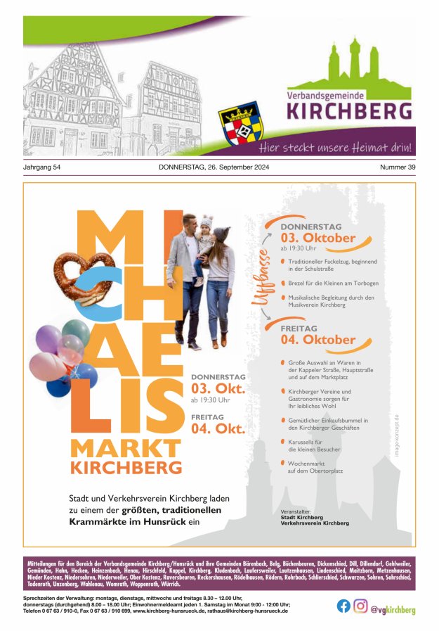 Mitteilungen der Verbandsgemeinde Kirchberg Hunsrück Titelblatt 39/2024