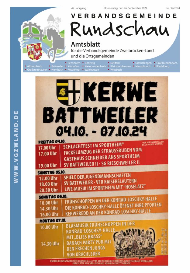 Verbandsgemeinde Rundschau Zweibrücken-Land Titelblatt 39/2024