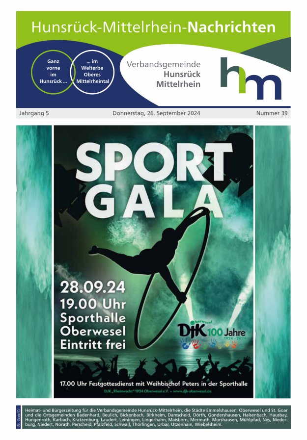 Hunsrück-Mittelrhein Nachrichten Ausgabe St Goar Oberwesel Titelblatt 39/2024