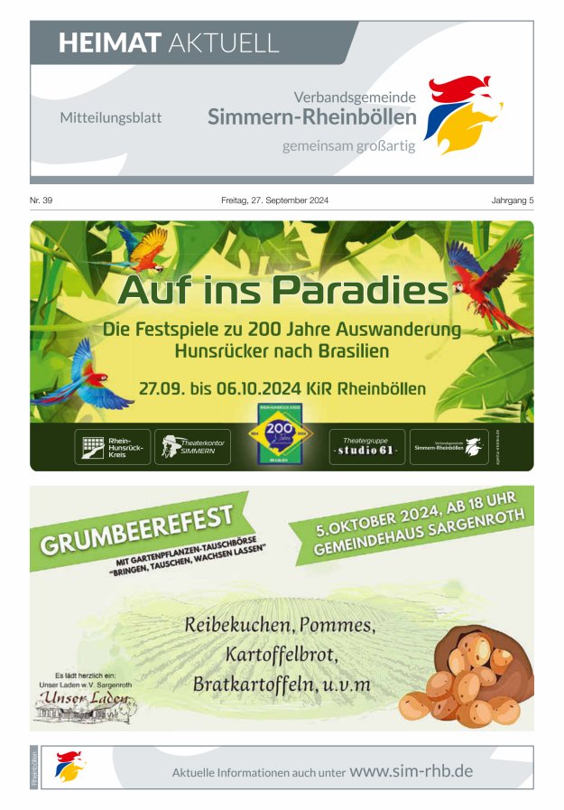 Heimat Aktuell Mitteilungsblatt der VG Simmern-Rheinböllen-Ausg Rheinböllen Titelblatt 39/2024
