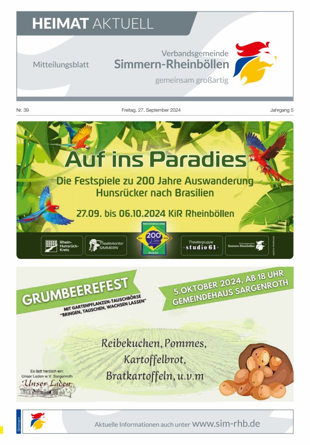 Heimat Aktuell - Mitteilungsbl der VG Simmern-Rheinböllen Ausg Simmern Titelblatt 39/2024