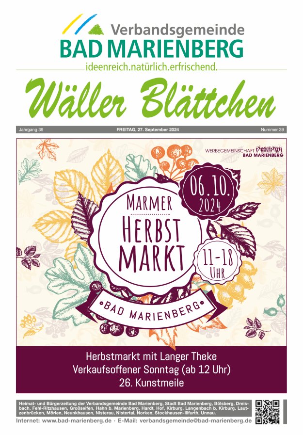 Wäller Blättchen - Verbandsgemeinde Bad Marienberg Titelblatt 39/2024