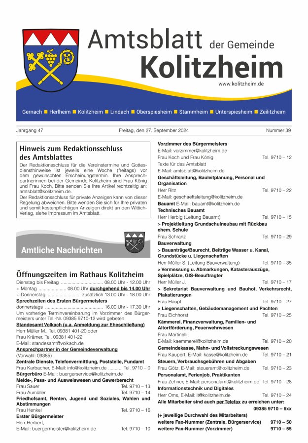 Amtsblatt der Gemeinde Kolitzheim Titelblatt 39/2024