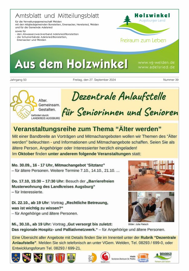 Aus dem Holzwinkel Amtsblatt u Mitteilungsblatt f VG Welden u GemAdelsried Titelblatt 39/2024