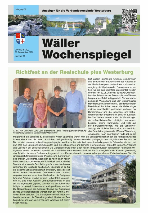 Wäller Wochenspiegel - Anzeiger für die Verbandsgemeinde Westerburg Titelblatt 39/2024