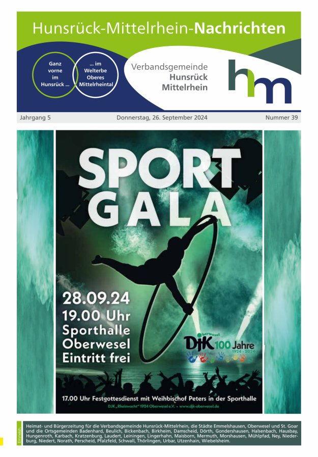 Hunsrück-Mittelrhein Nachrichten Ausgabe Emmelshausen Titelblatt 39/2024