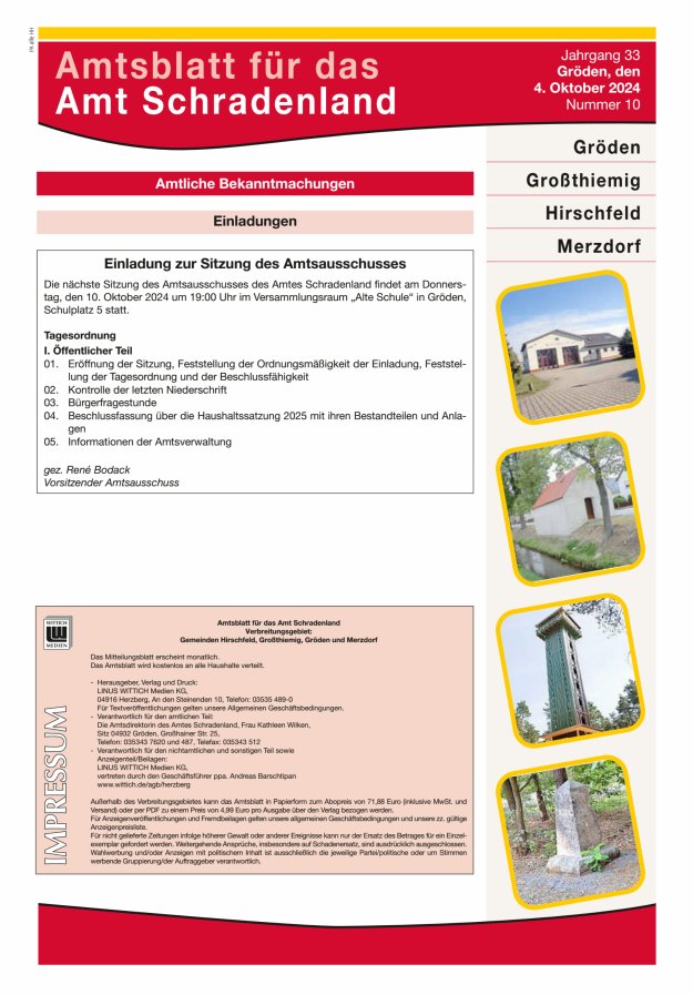 Amtsblatt für das Amt Schradenland Titelblatt 10/2024