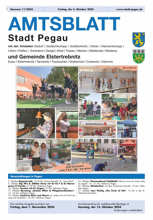 Amtsblatt Stadt Pegau und Gemeinde Elstertrebnitz  Titelblatt 11/2024