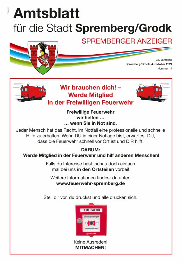 Amtsblatt für die Stadt Spremberg/Grodk – Spremberger Anzeiger Titelblatt 11/2024