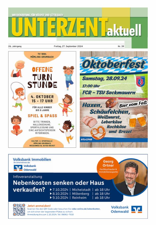 Unterzent aktuell Wochenzeitung für Höchst und Lützelbach Titelblatt 39/2024