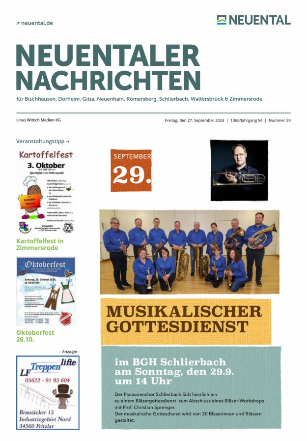 Neuentaler Nachrichten Titelblatt 39/2024