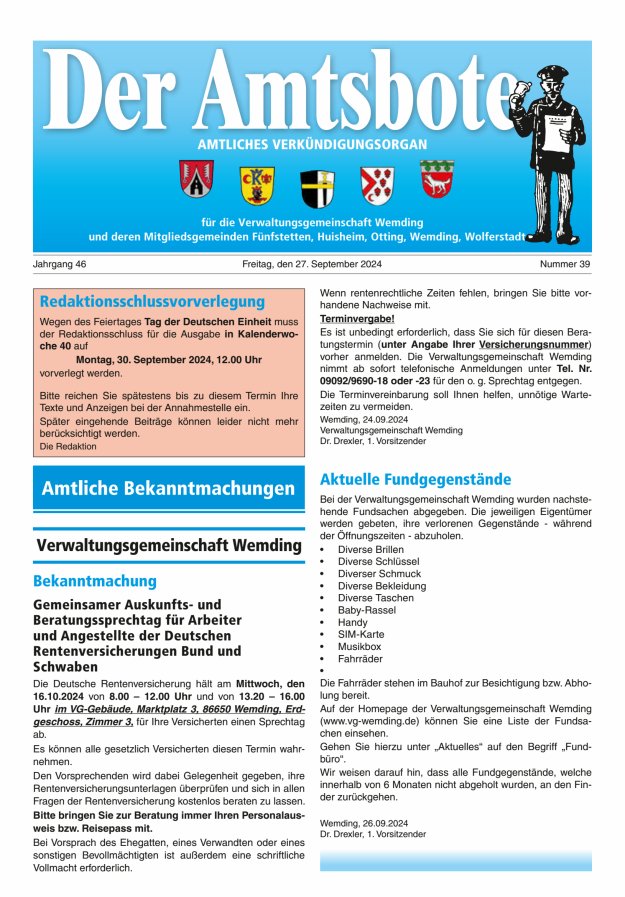 Der Amtsbote - Wemding Verwaltungsgemeinschaft Titelblatt 39/2024