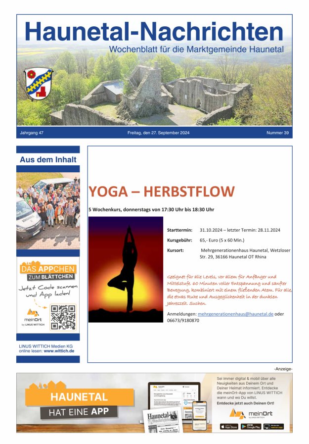Haunetal-Nachrichten Titelblatt 39/2024