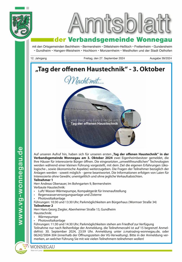 Amtsblatt VG Wonnegau Titelblatt 39/2024
