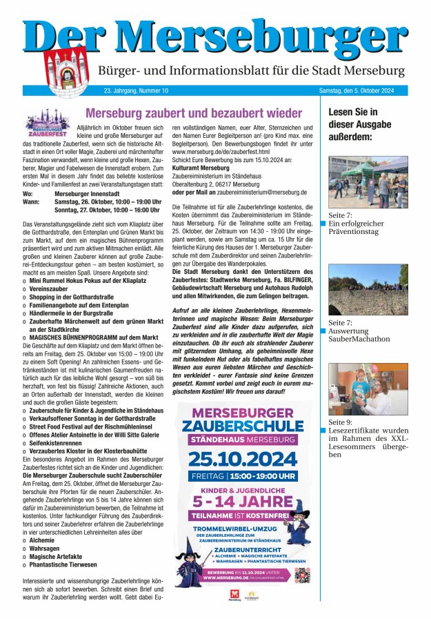 Der Merseburger - Bürger- und Informationsblatt für die Stadt Merseburg Titelblatt 10/2024