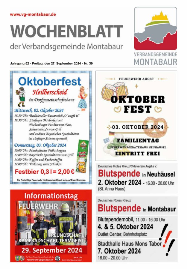 Wochenblatt der Verbandsgemeinde Montabaur Titelblatt 39/2024