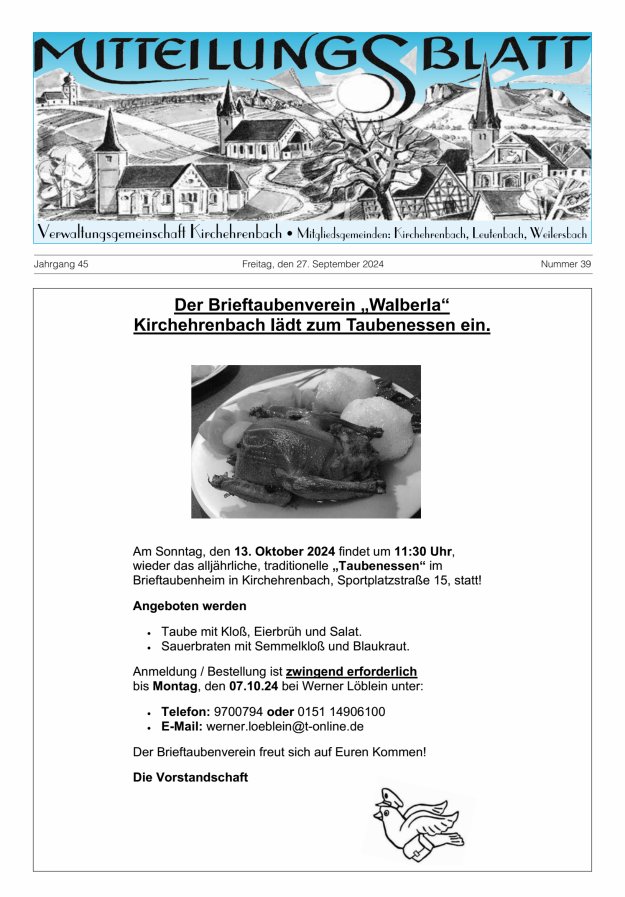 Mitteilungsblatt Verwaltungsgemeinschaft Kirchehrenbach Titelblatt 39/2024