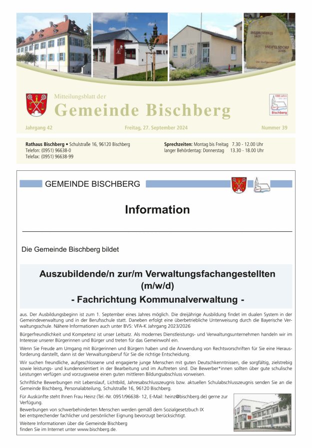 Mitteilungsblatt der Gemeinde Bischberg Titelblatt 39/2024