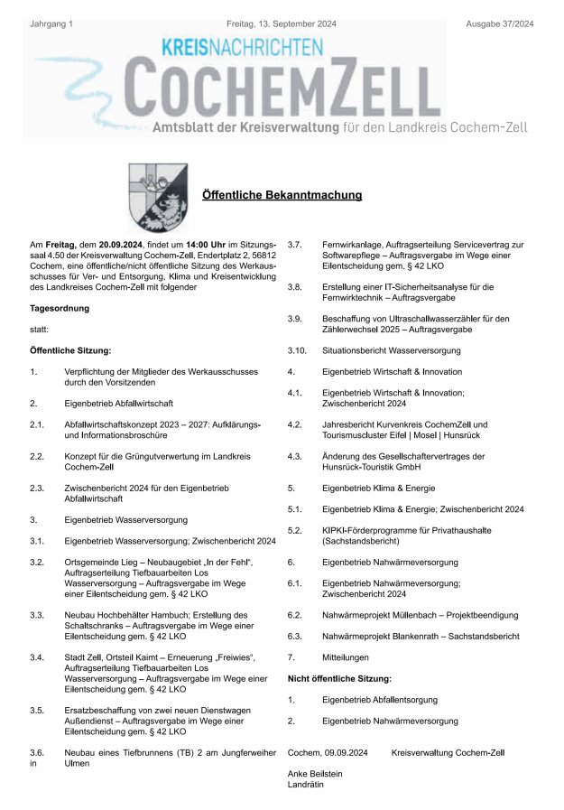 Kreisnachrichten Cochem-Zell Titelblatt 37/2024