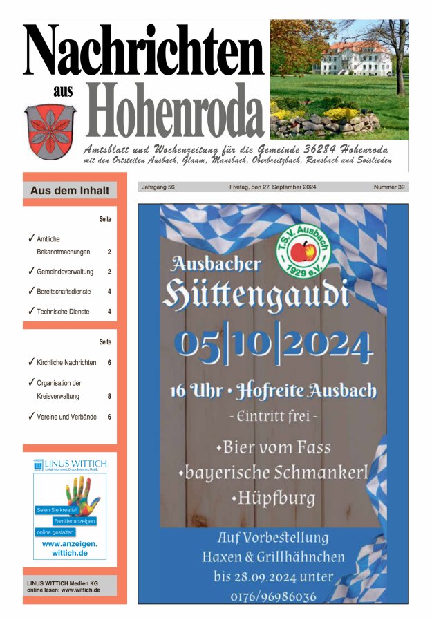 Nachrichten aus Hohenroda Titelblatt 39/2024