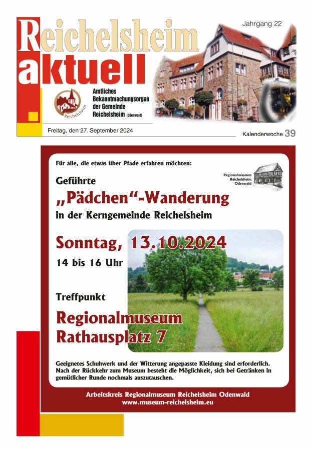 Reichelsheim aktuell - Amtsblatt der Gemeinde Reichelsheim(Odenwald) Titelblatt 39/2024