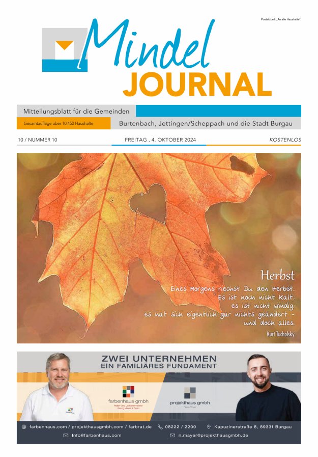 Mindeljournal Freies Blatt für Burgau Burtenbach Jettingen-Scheppach Titelblatt 10/2024