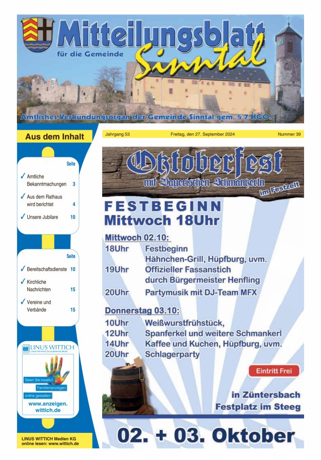 Mitteilungsblatt für die Gemeinde Sinntal Titelblatt 39/2024