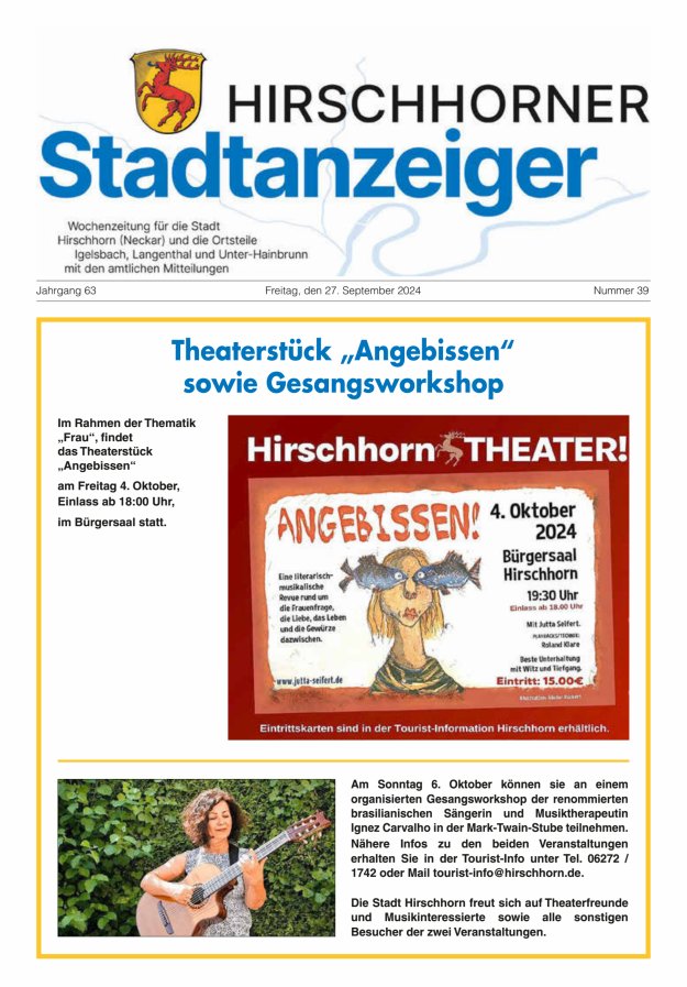 Hirschhorner Stadtanzeiger Titelblatt 39/2024