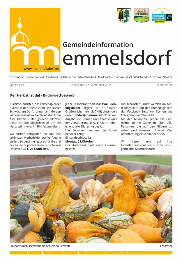Mitteilungsblatt der Gemeinde Memmelsdorf Titelblatt 39/2024