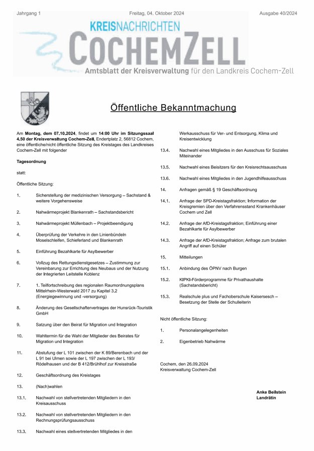 Kreisnachrichten Cochem-Zell Titelblatt 40/2024