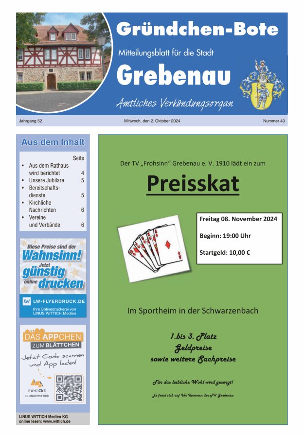 Grebenau - Gründchen Bote - Mitteilungsblatt für die Stadt Grebenau Titelblatt 40/2024
