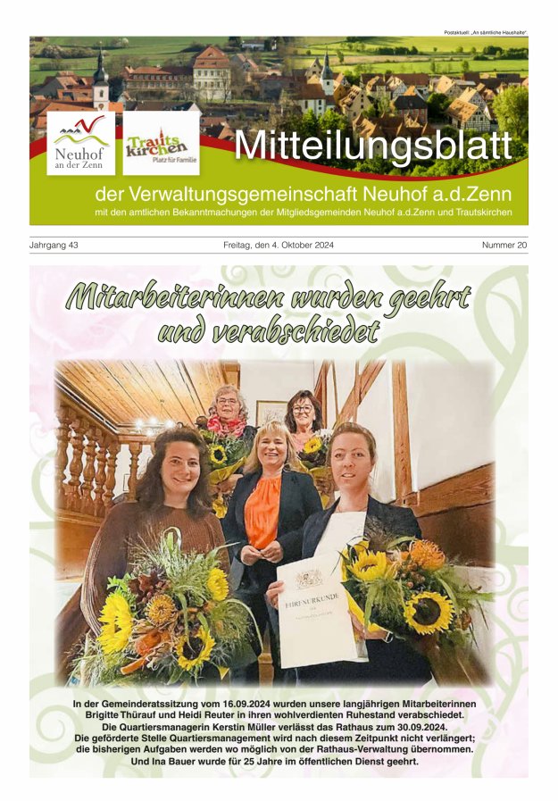 Mitteilungsblatt der Verwaltungsgemeinschaft Neuhof an der Zenn mit den amtlichen Bekanntmachungen der Mitgliedsgemeinden Neuhof an der Zenn und Trautskirchen Titelblatt 20/2024