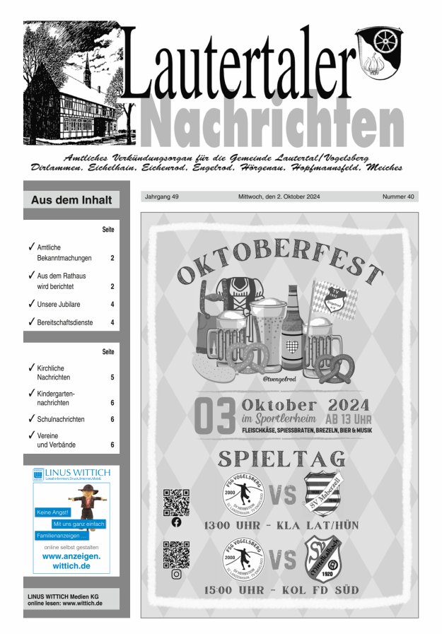 Lautertaler Nachrichten Titelblatt 40/2024