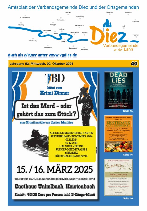 Mitteilungsblatt der Verbandsgemeinde Diez und der Ortsgemeinden Titelblatt 40/2024