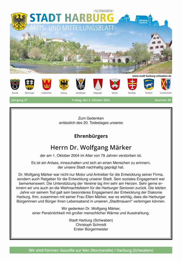 Amts- und Mitteilungsblatt der Stadt Harburg Titelblatt 40/2024