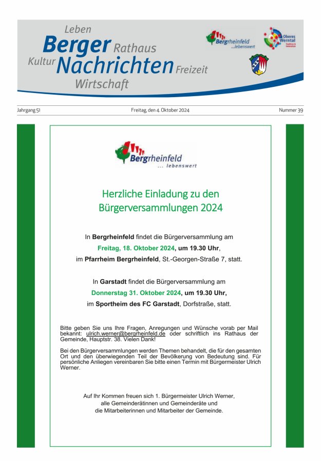 Berger Nachrichten, Bergrheinfeld Titelblatt 39/2024