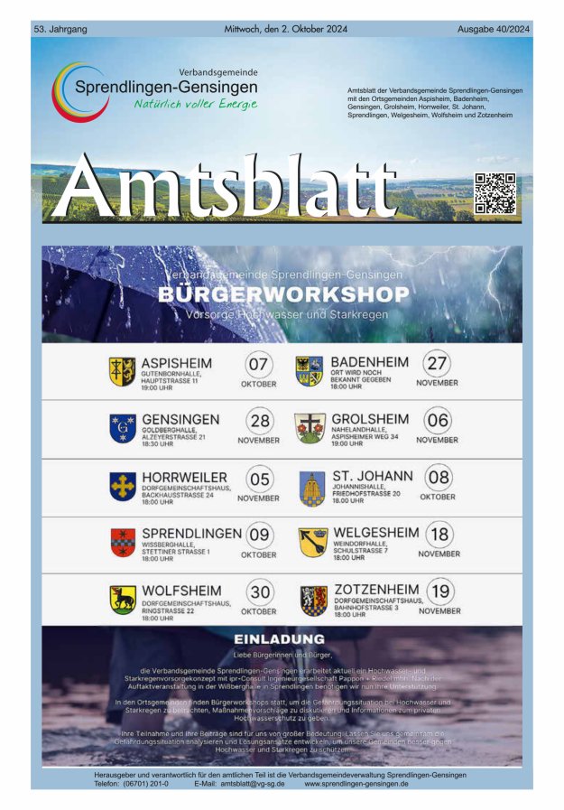 Amtsblatt VG Sprendlingen-Gensingen Titelblatt 40/2024