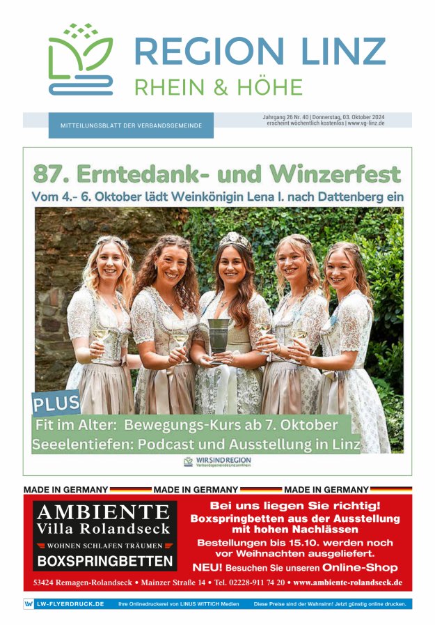 Unsere Verbandsgemeinde Linz am Rhein Titelblatt 40/2024