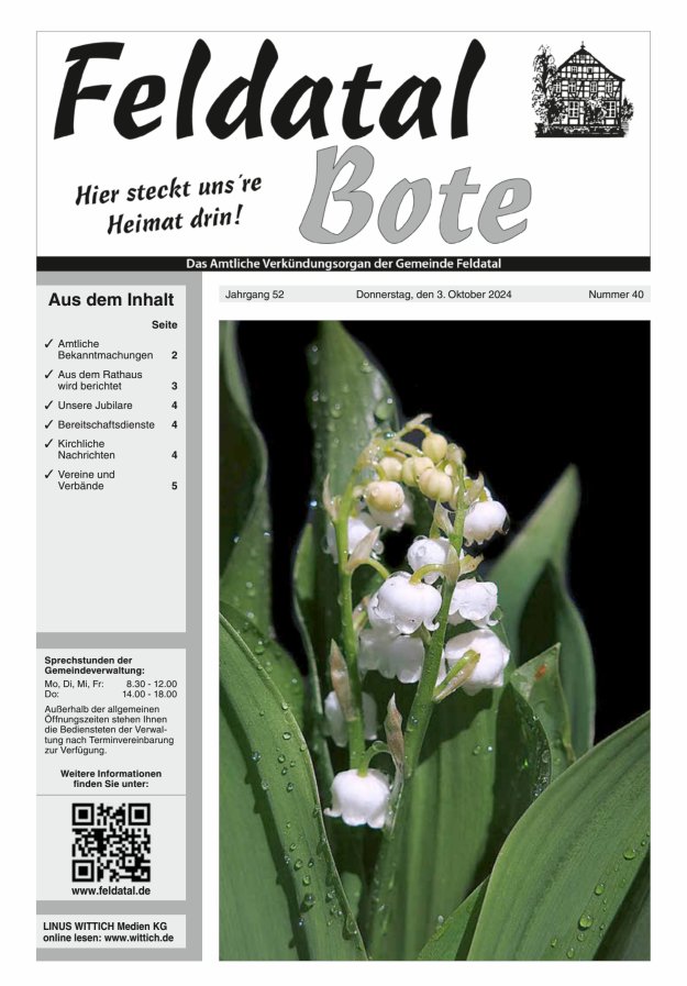 Das Amtliche Verkündungsorgan der Gemeinde Feldatal Titelblatt 40/2024