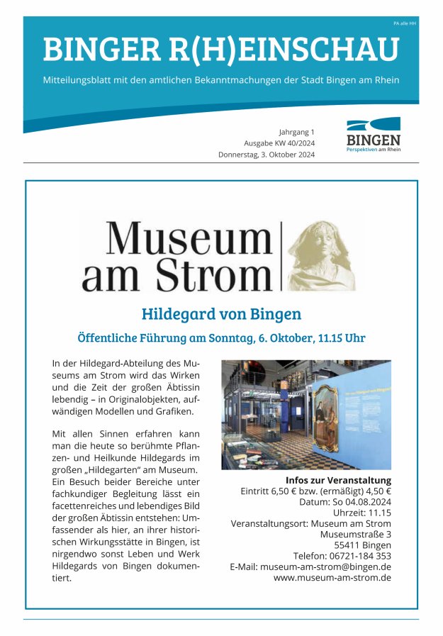 Binger R(h)einschau - Mitteilungsblatt mit den Amtlichen Bekanntmachungen der Stadt Bingen Titelblatt 14/2024