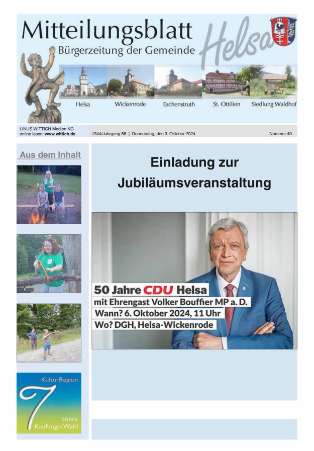 Mitteilungsblatt Helsa Titelblatt 40/2024
