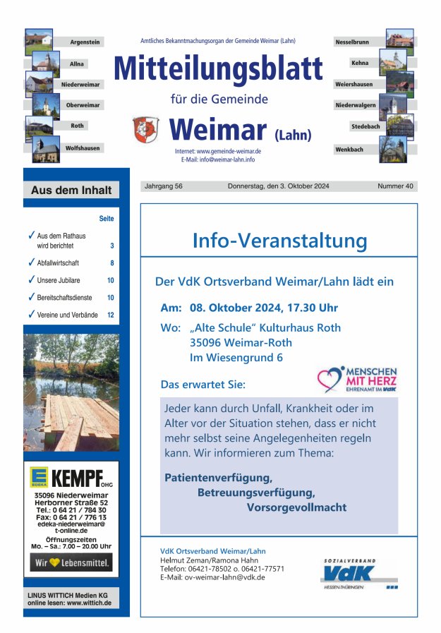 Mitteilungsblatt für die Gemeinde Weimar Titelblatt 40/2024