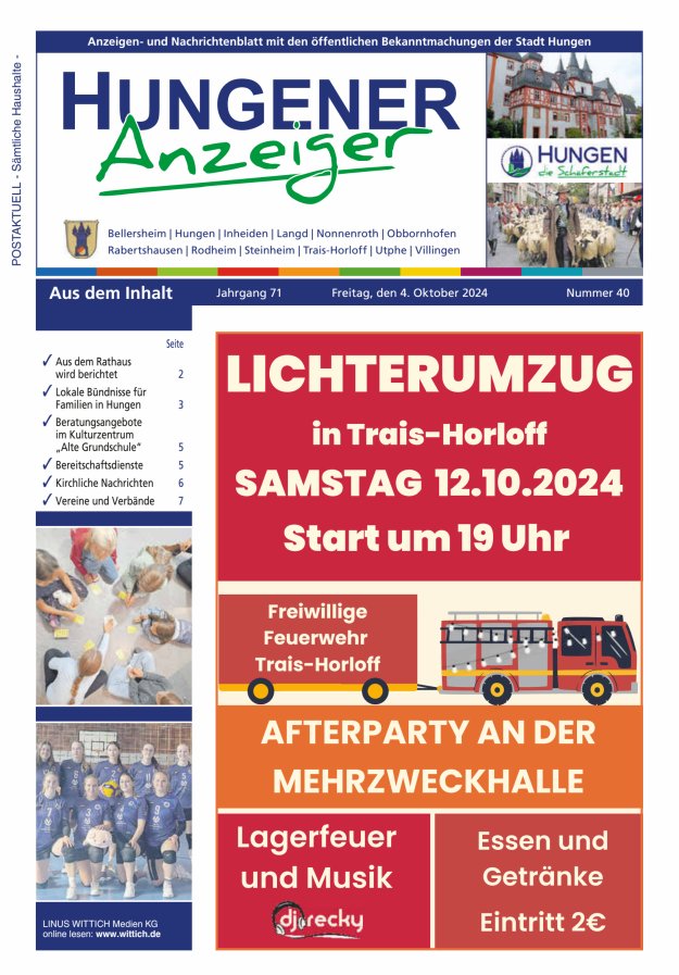 Anzeigen- und Nachrichtenblatt mit den öff  Bekanntmachungen der Stadt Hungen Titelblatt 40/2024