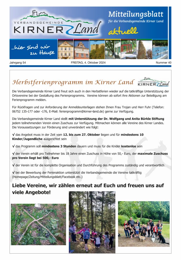 Mitteilungsblatt für den Bereich der Verbandsgemeinde Kirner Land Titelblatt 40/2024
