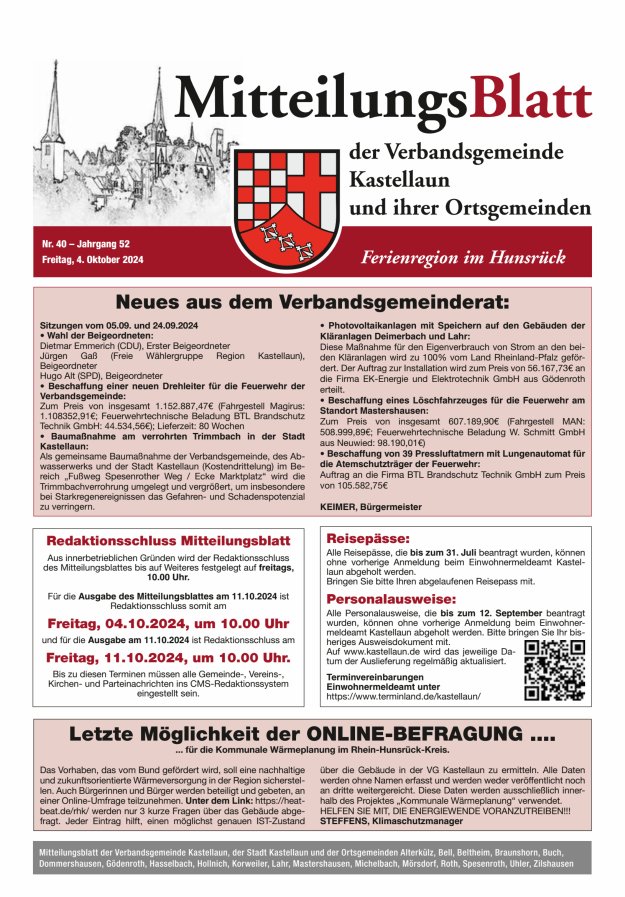 Mitteilungsblatt Kastellaun Titelblatt 40/2024
