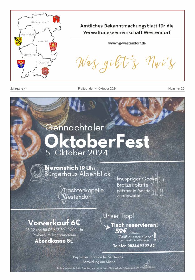 Was gibt's Nui's Amtliches Bekanntmachungsblatt für die VG Westendorf Titelblatt 20/2024