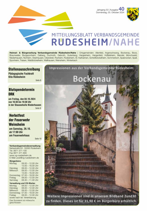 Mitteilungsblatt Verbandsgemeinde Rüdesheim und zugehörige Ortsgemeinden Titelblatt 40/2024