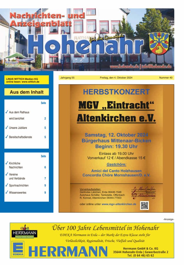 Nachrichten- und Anzeigenblatt für die Gemeinde Hohenahr Titelblatt 40/2024